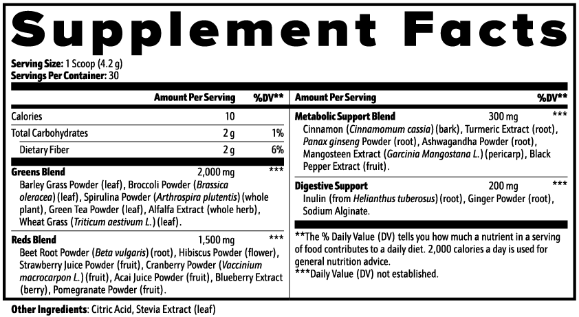 21GREEN SuperFuel - Greens Super Food Powder Supplement Facts panel