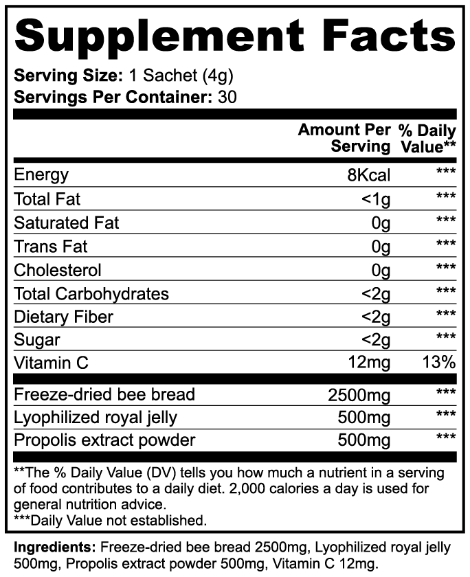 NectaVitality Bee Pearl Powder Supplement Facts panel