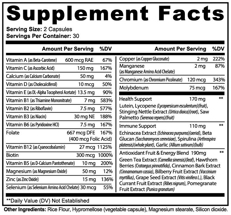 Complete Daily Multivitamin Supplement Facts panel