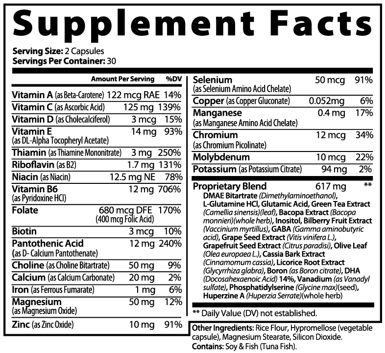 Brain & Focus Formula Supplement Facts panel