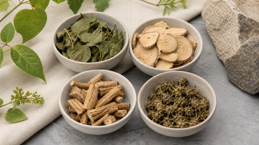 Four bowls of dried botanicals arranged on a neutral surface.