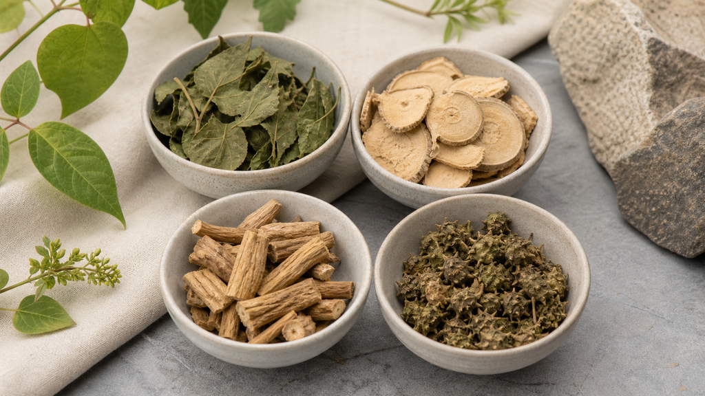 Four bowls of dried botanicals arranged on a neutral surface.