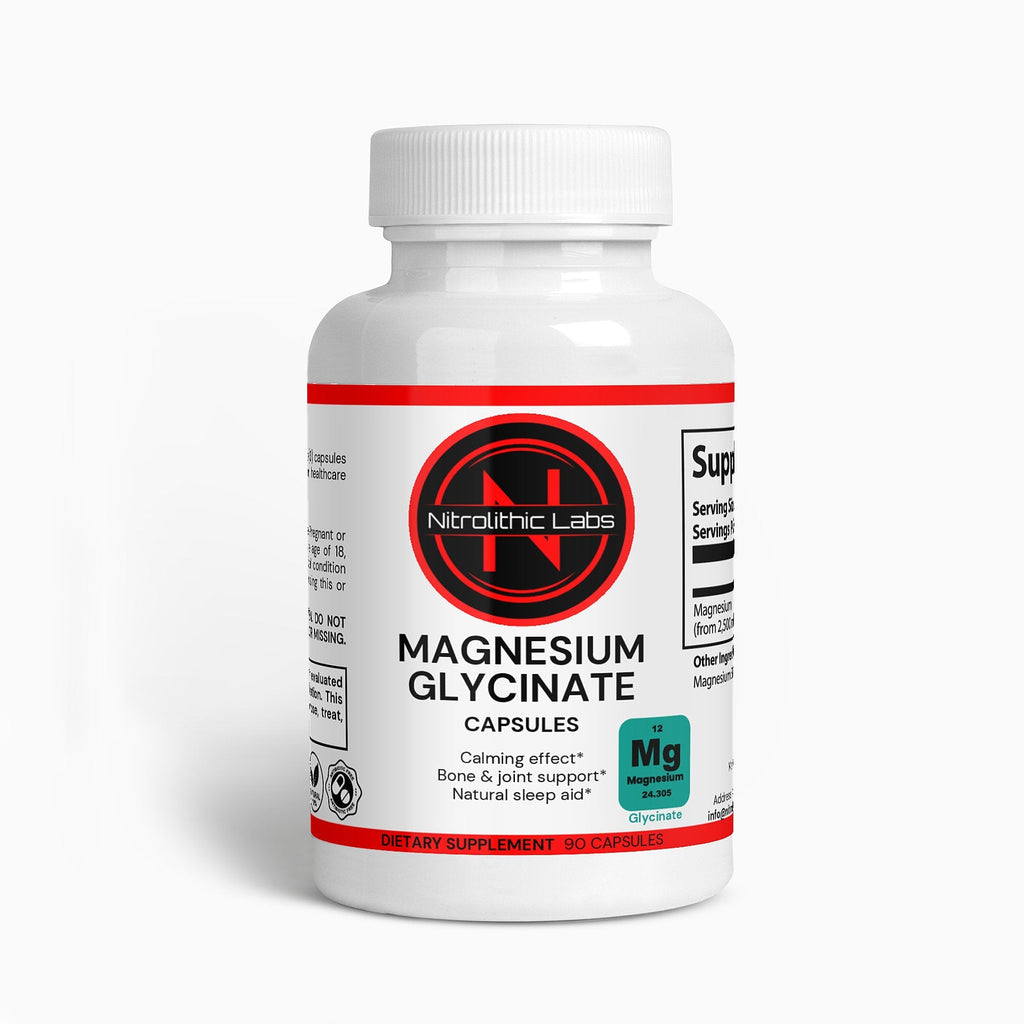 Nitrolithic Labs Magnesium Glycinate supplement bottle for daily mineral support