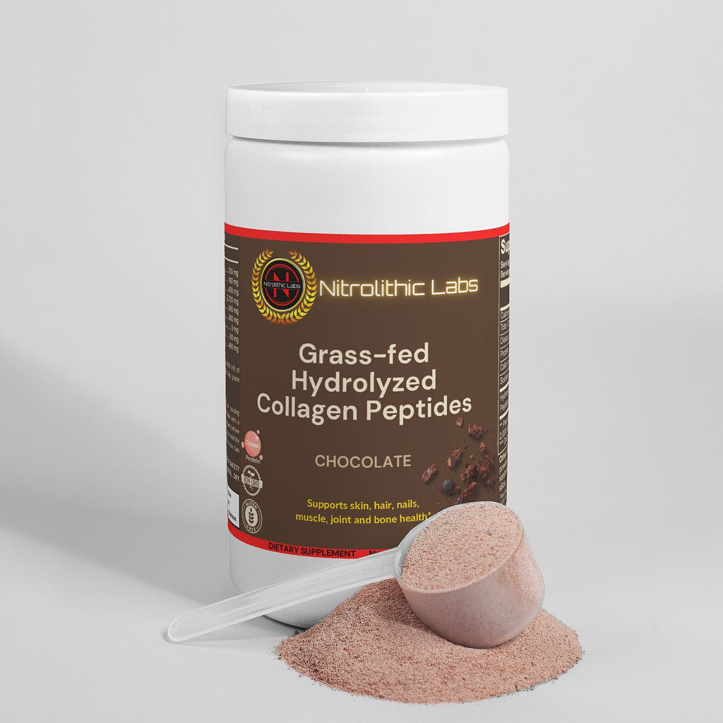 Canister of Nitrolithic Labs Grass-fed Hydrolyzed Collagen Peptides displayed on a clean white background with a scoop of collagen powder spilled on the table