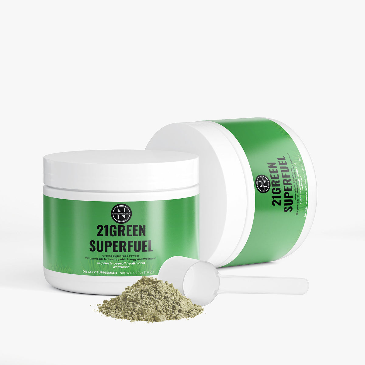 21GREEN SuperFuel - Greens Super Food Powder product package with open container and product serving