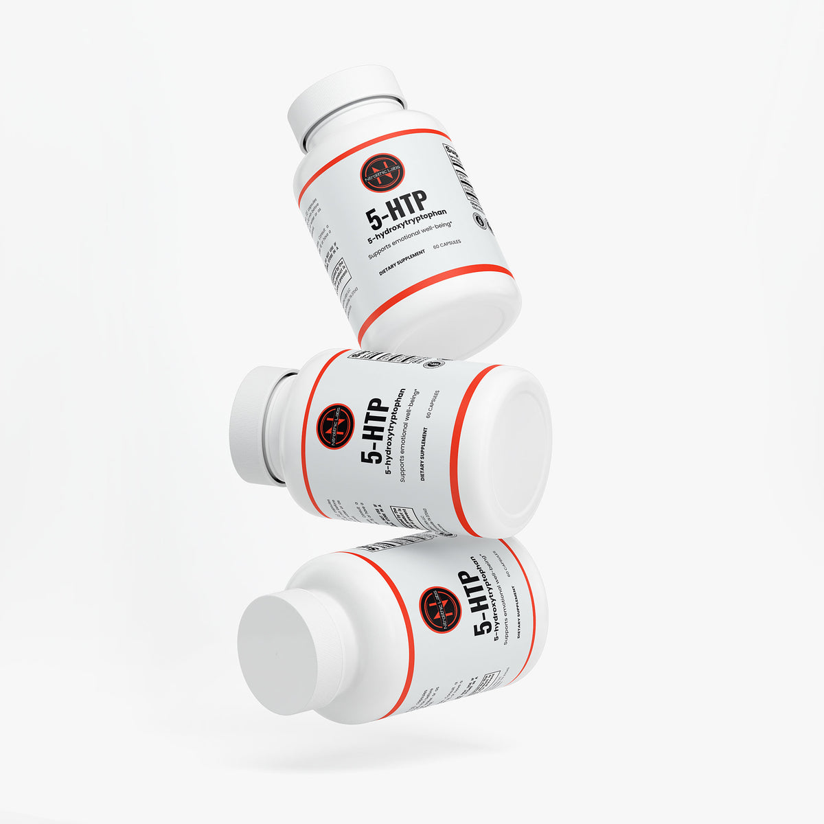 5-HTP product package arrangement on white background