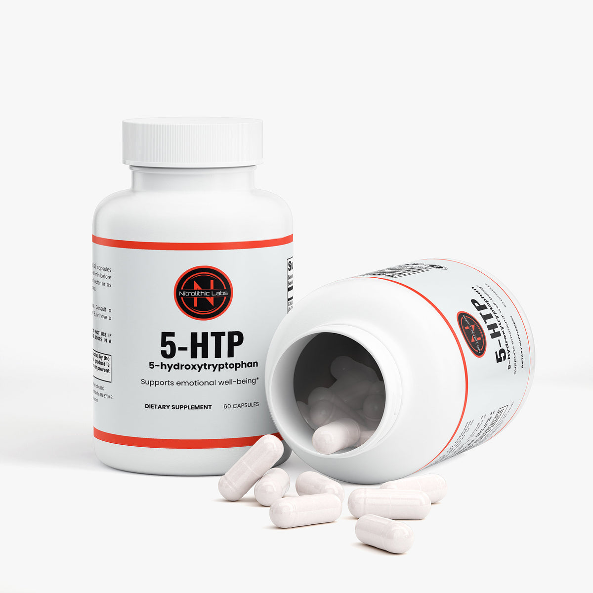 5-HTP product package with open container and product serving