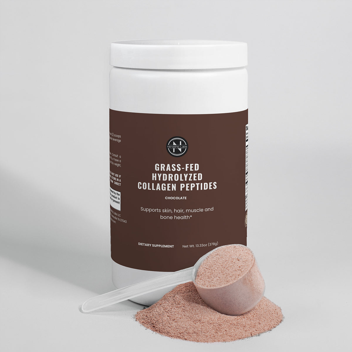 Grass-Fed Hydrolyzed Collagen Peptides Powder (Chocolate) product package with open container and product serving