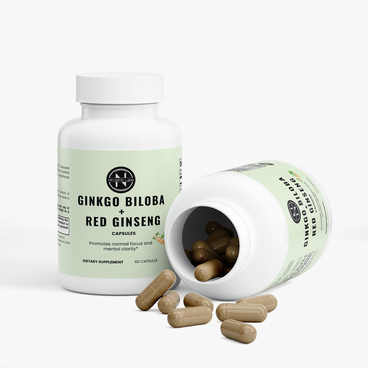 Ginkgo Biloba + Ginseng product package with open container and product serving
