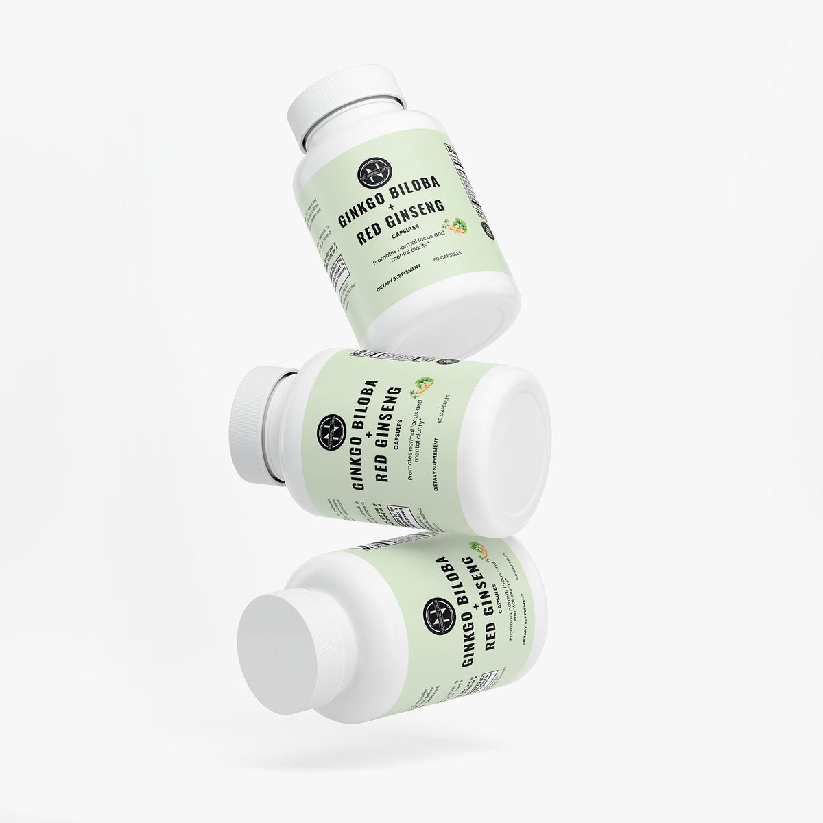 Ginkgo Biloba + Ginseng product package arrangement on white background
