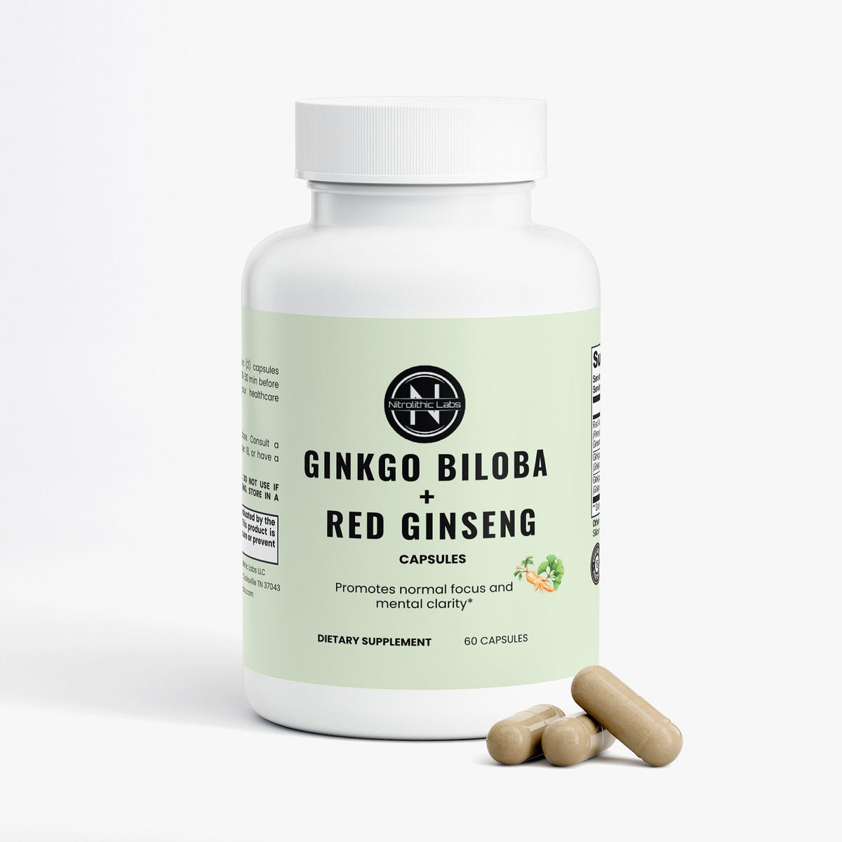 Ginkgo Biloba + Ginseng product package with product serving