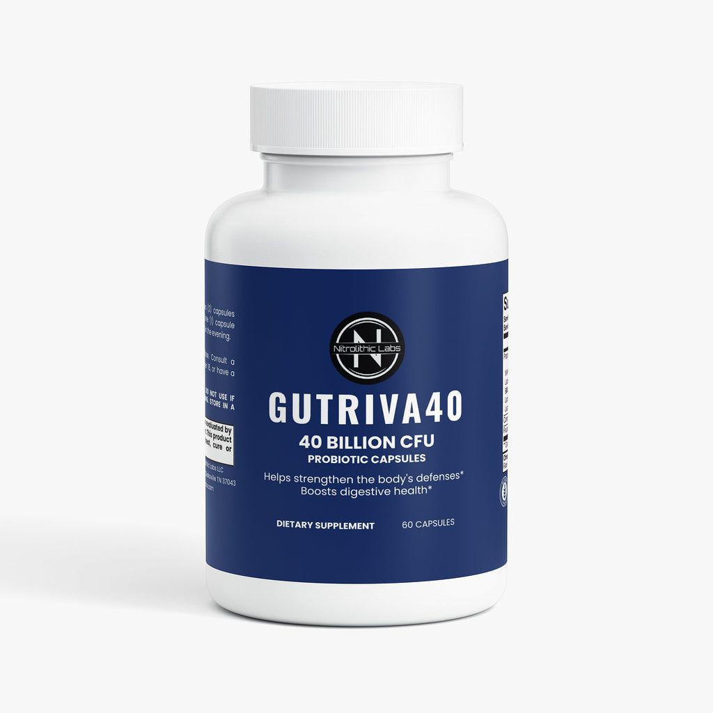 Nitrolithic Labs | Gutriva40 Probiotic | 40 Billion CFU +Prebiotics | 60 Caps | Gut Health product package front label