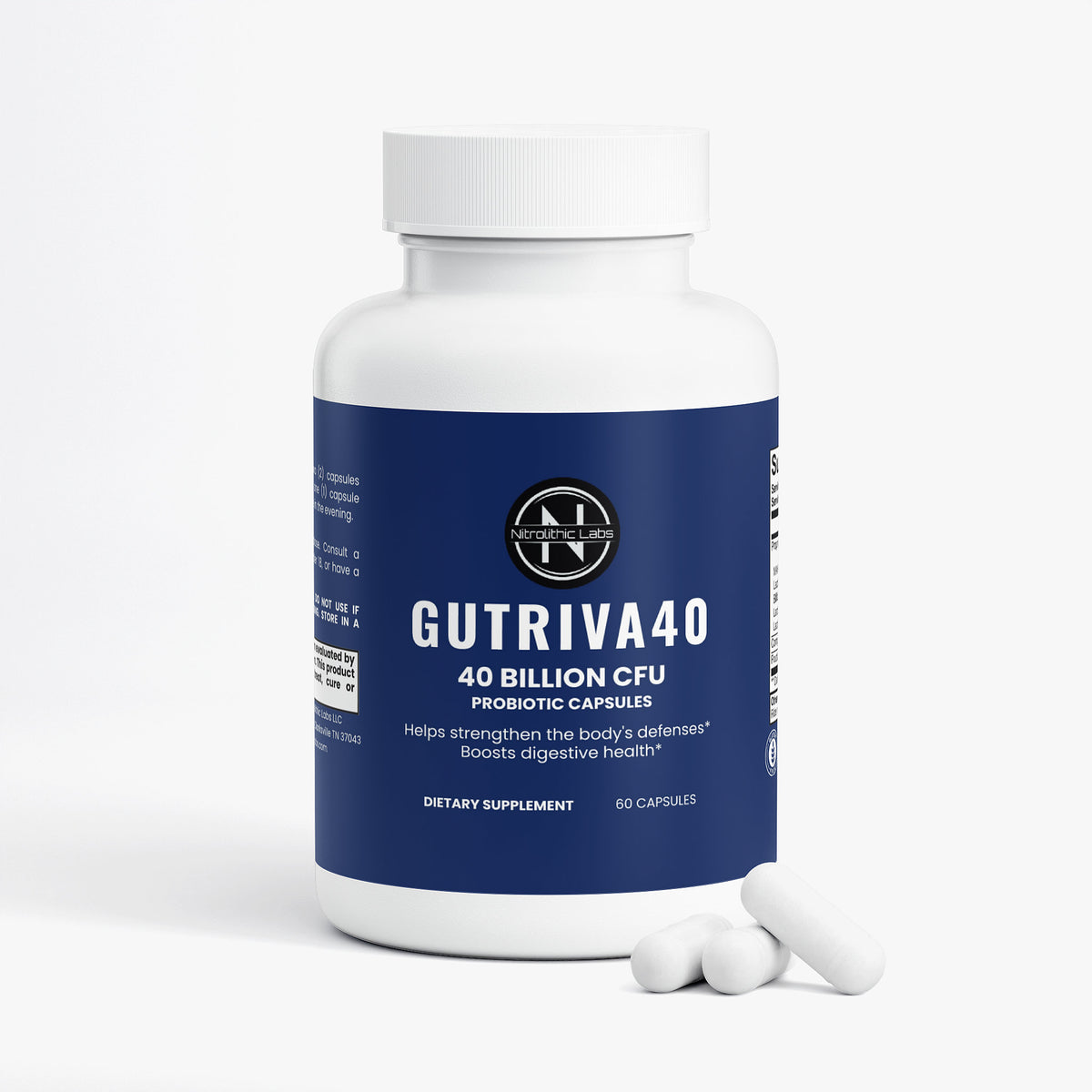 Nitrolithic Labs | Gutriva40 Probiotic | 40 Billion CFU +Prebiotics | 60 Caps | Gut Health product package with product serving