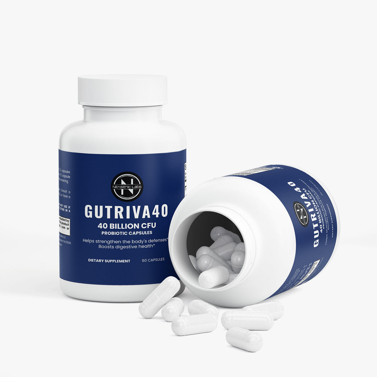 Nitrolithic Labs | Gutriva40 Probiotic | 40 Billion CFU +Prebiotics | 60 Caps | Gut Health product package with open container and product serving