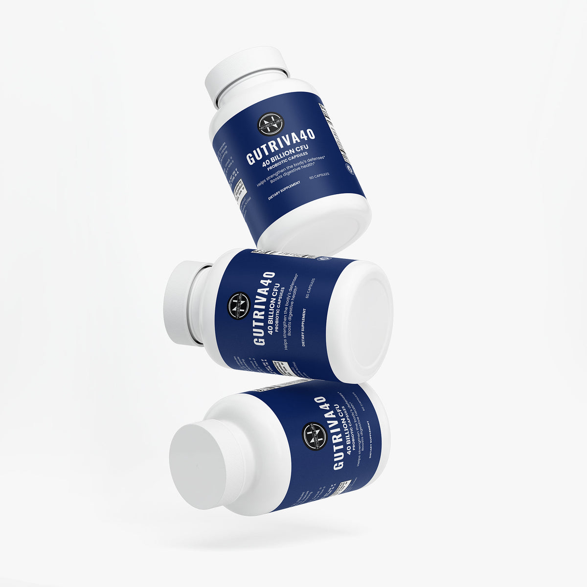 Nitrolithic Labs | Gutriva40 Probiotic | 40 Billion CFU +Prebiotics | 60 Caps | Gut Health product package arrangement on white background