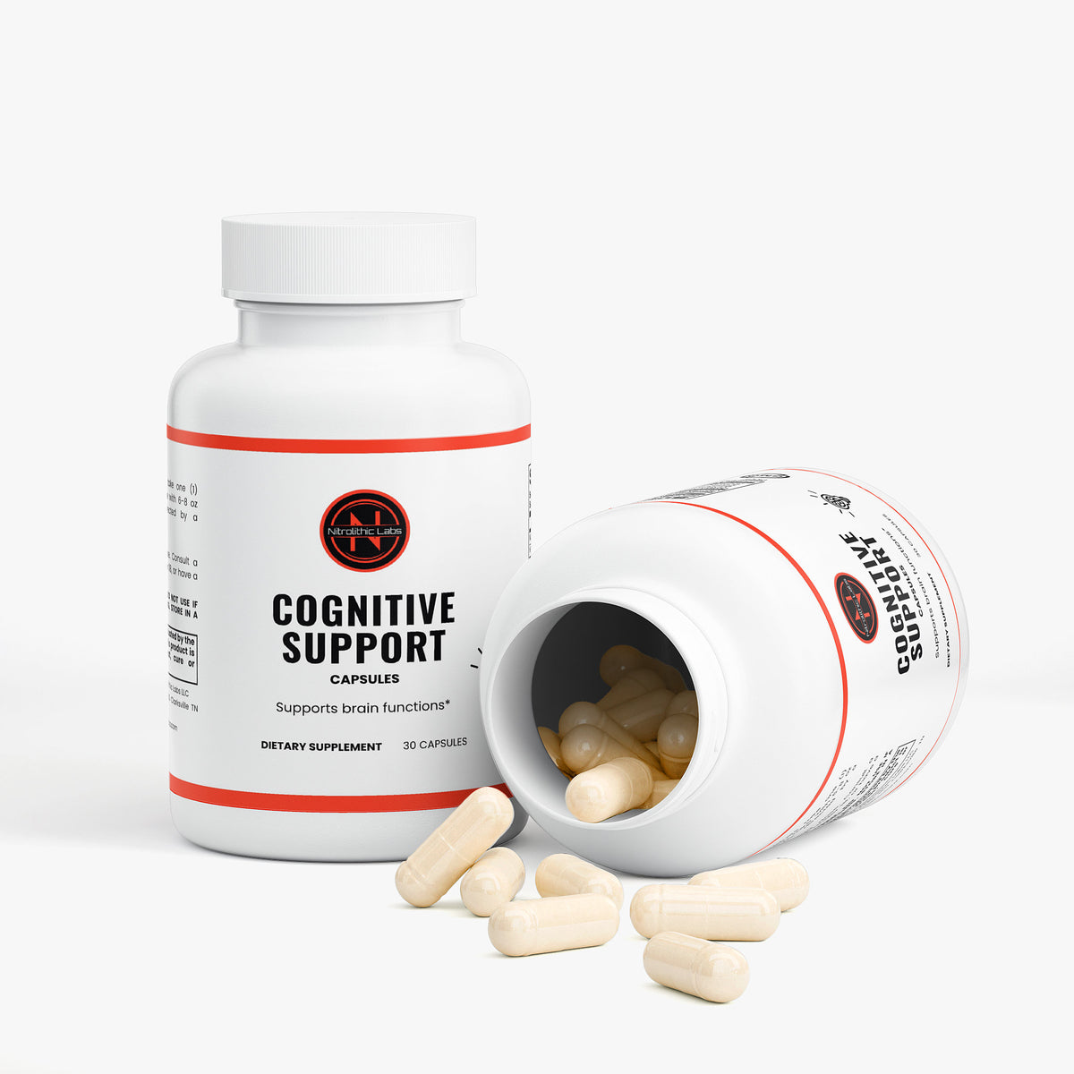 Cognitive Support Capsules product package with open container and product serving