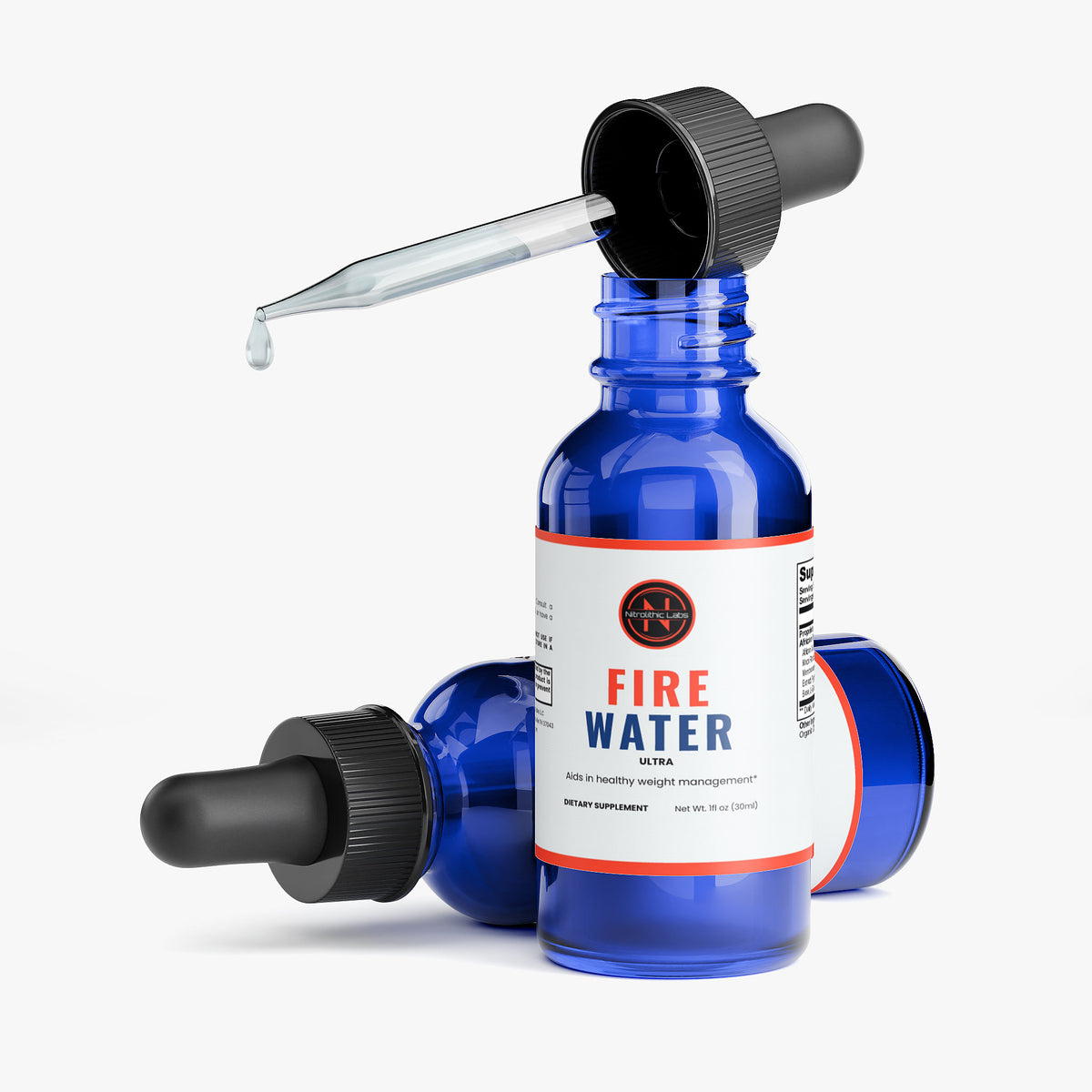 FIRE WATER Diet Drops 1 oz product package with open container and product serving