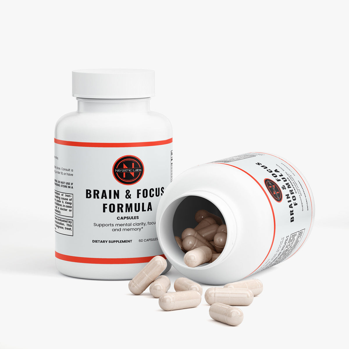 Brain & Focus Formula product package with open container and product serving