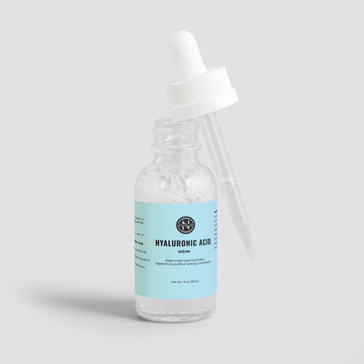 Hyaluronic Acid Serum product package with product serving