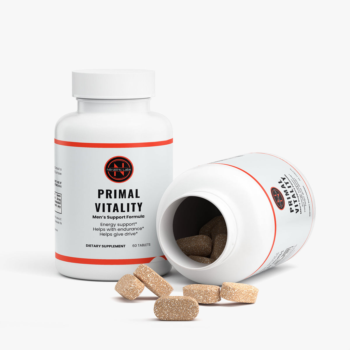 PrimalVitality Men's Daily Support Formula product package with open container and product serving