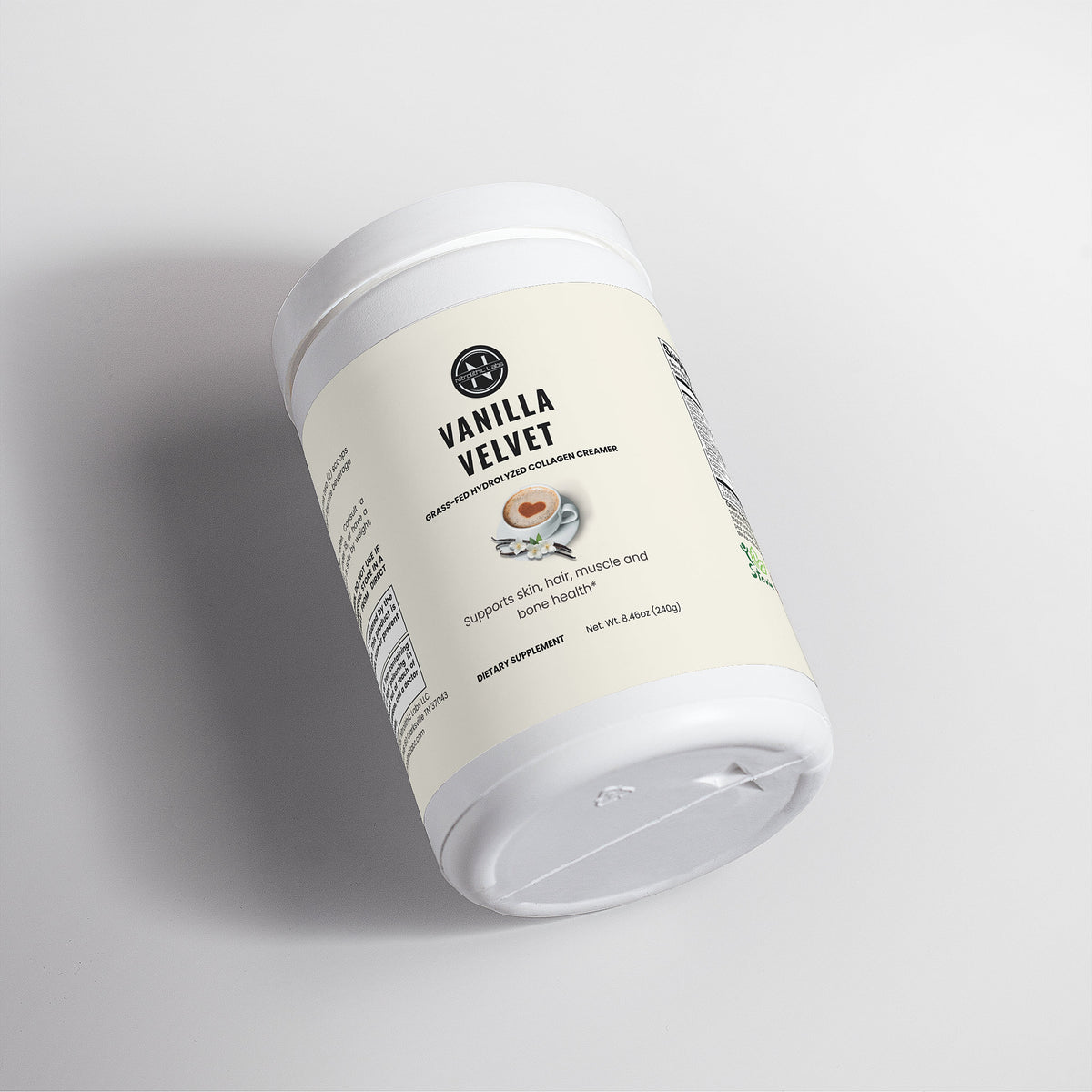 Vanilla Velvet Grass-fed Hydrolyzed Collagen Creamer product package with open container and product serving