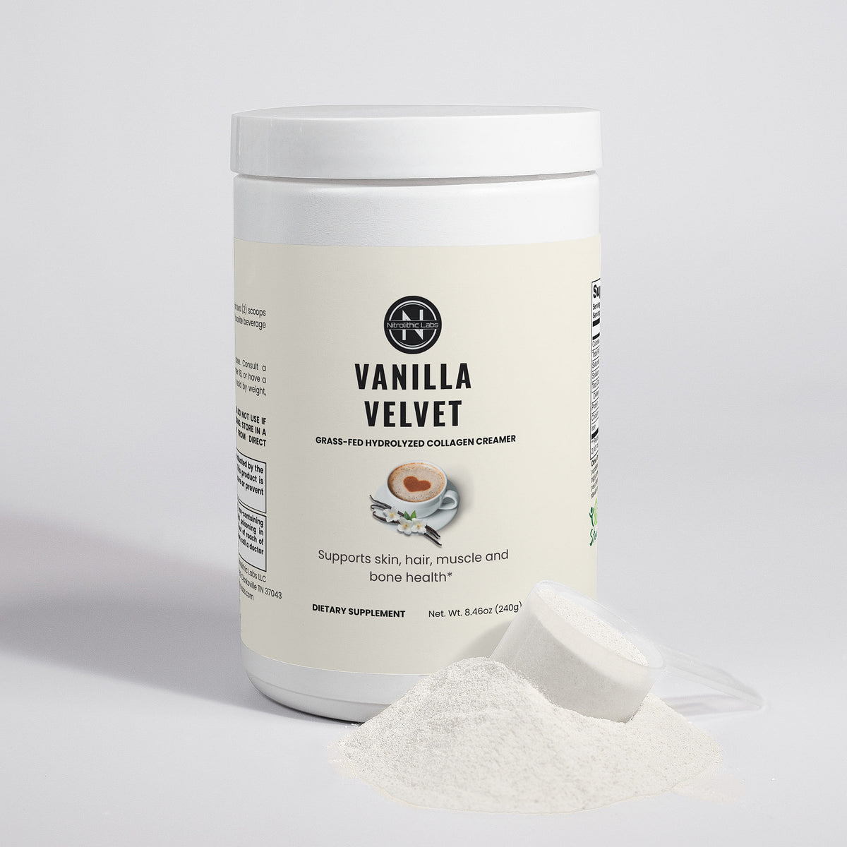 Vanilla Velvet Grass-fed Hydrolyzed Collagen Creamer product package with product serving