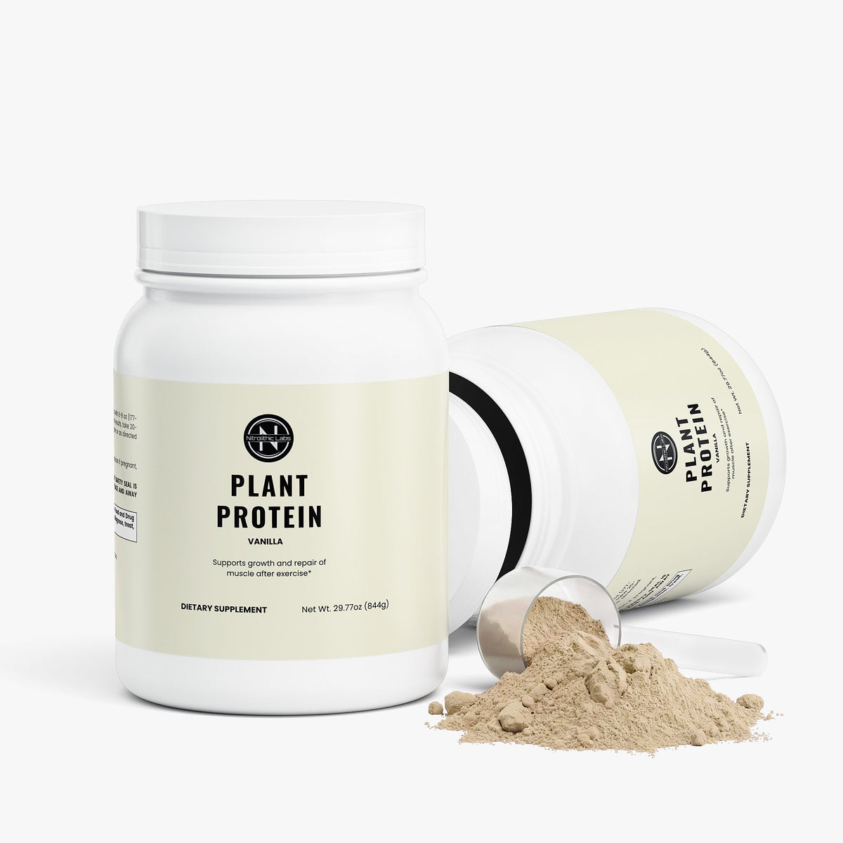 Vegan Plant Protein (Vanilla) product package with open container and product serving