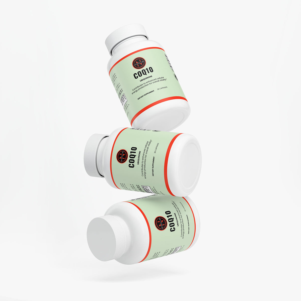 CoQ10 Ubiquinone product package arrangement on white background