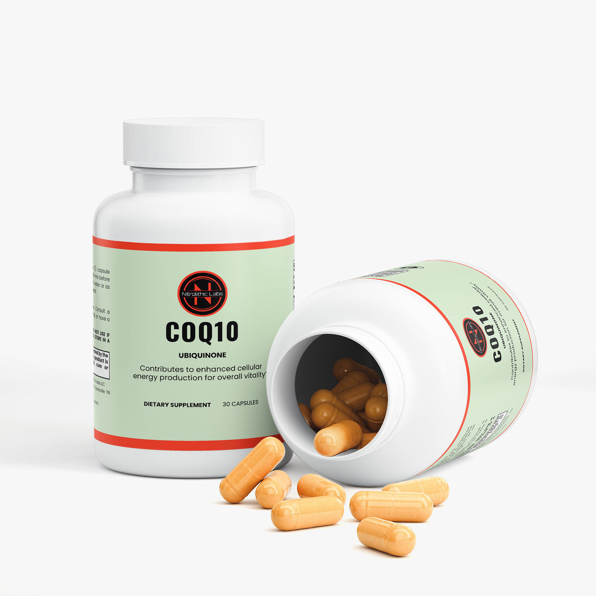 CoQ10 Ubiquinone product package with open container and product serving