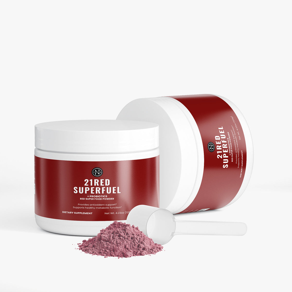 21RED SuperFuel +Probiotics - Red Super Foods Powder product package with open container and product serving