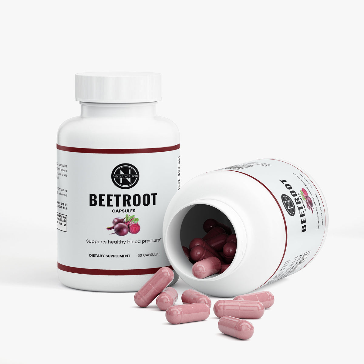 Beet Root Capsules product package with open container and product serving
