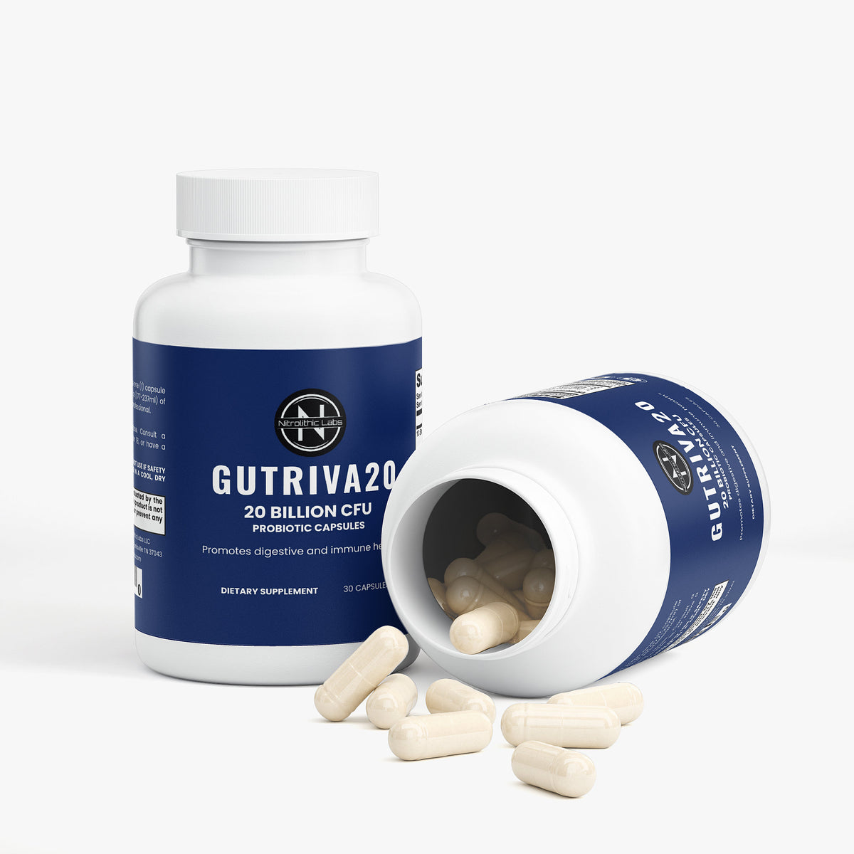 Nitrolithic Labs | Gutriva20 Probiotic | 20 Billion CFU | 30 Caps | Digestive & Immune Support product package with open container and product serving