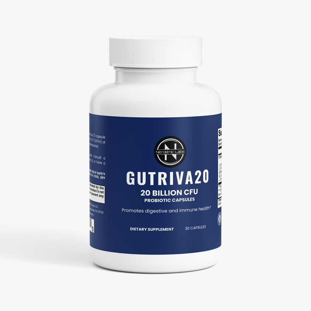 Nitrolithic Labs | Gutriva20 Probiotic | 20 Billion CFU | 30 Caps | Digestive & Immune Support product package front label