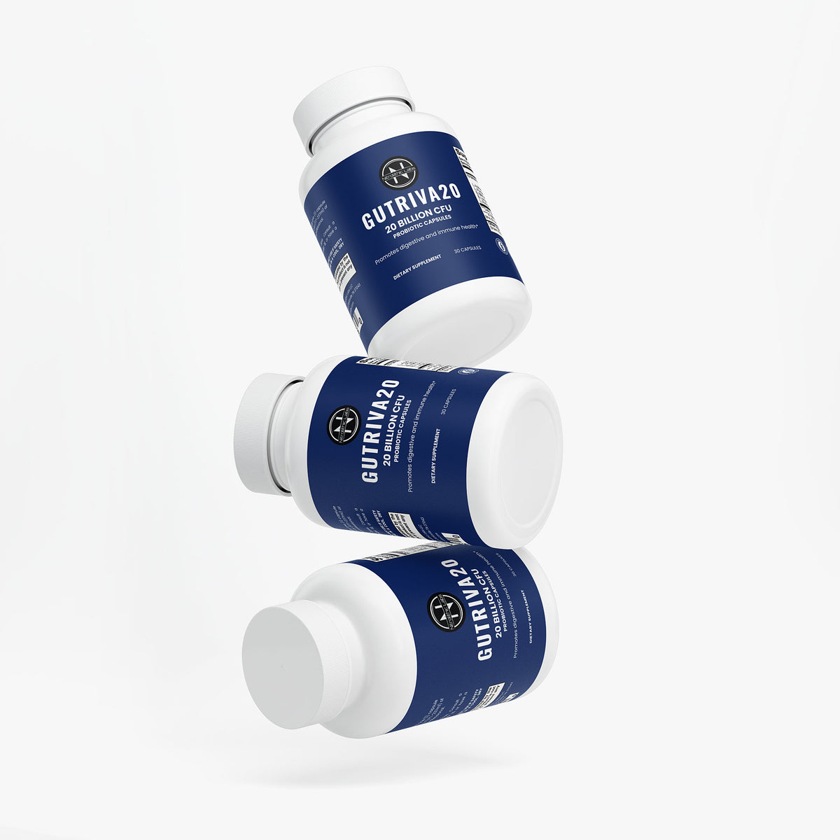 Nitrolithic Labs | Gutriva20 Probiotic | 20 Billion CFU | 30 Caps | Digestive & Immune Support product package arrangement on white background