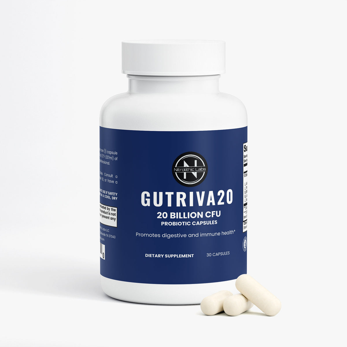 Nitrolithic Labs | Gutriva20 Probiotic | 20 Billion CFU | 30 Caps | Digestive & Immune Support product package with product serving
