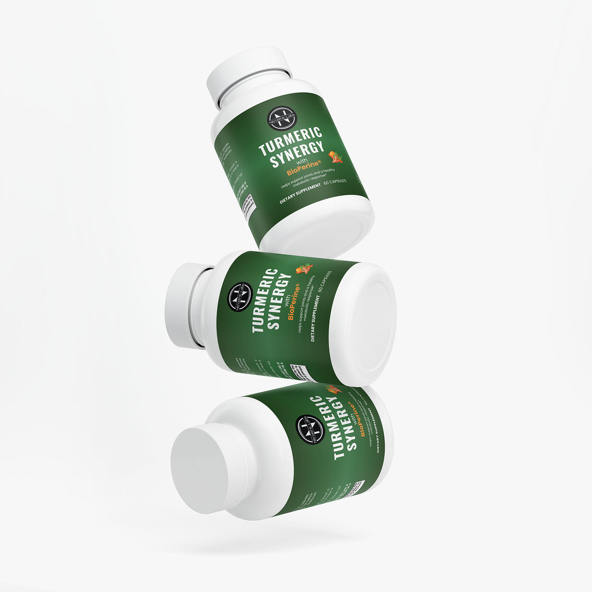 Turmeric Synergy with BioPerine bottles on white background