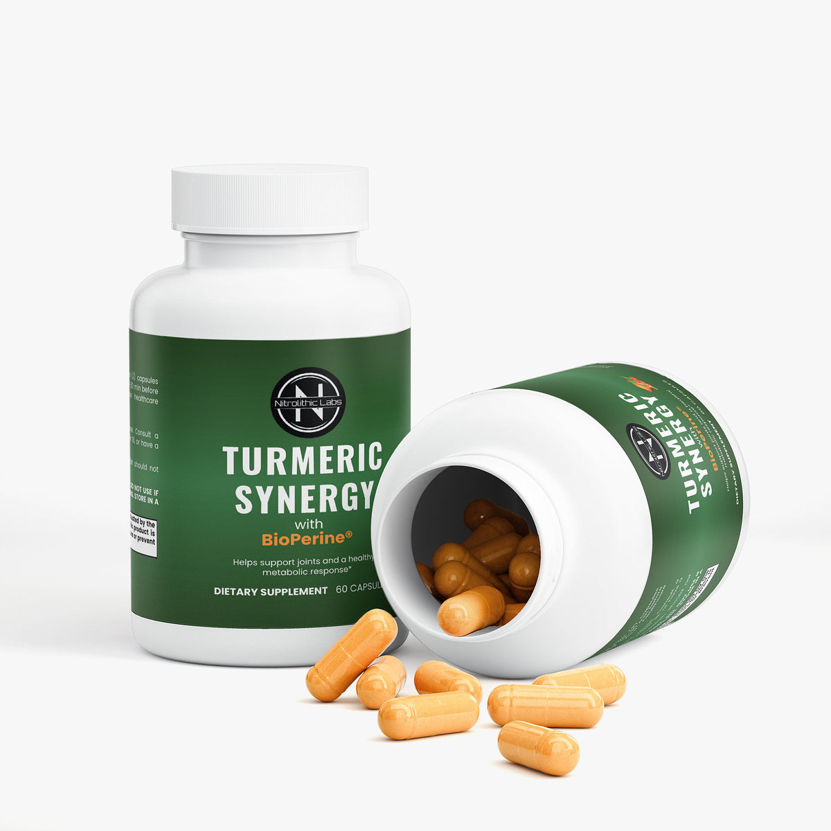 Turmeric Synergy with BioPerine bottle and open bottle with capsules