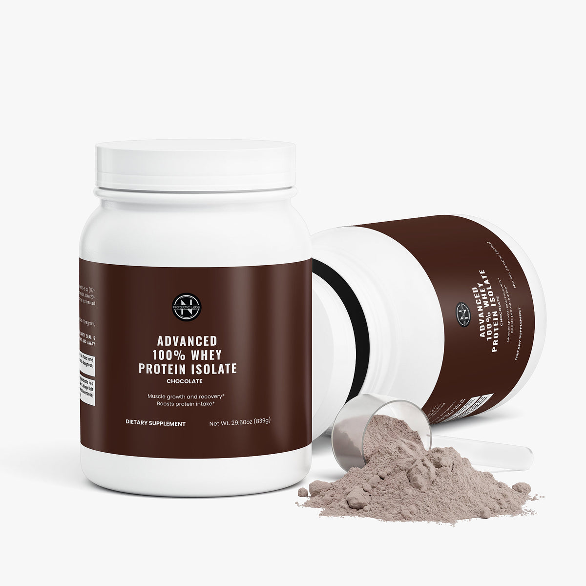 Advanced 100% Whey Protein Isolate (Chocolate) product package with open container and product serving