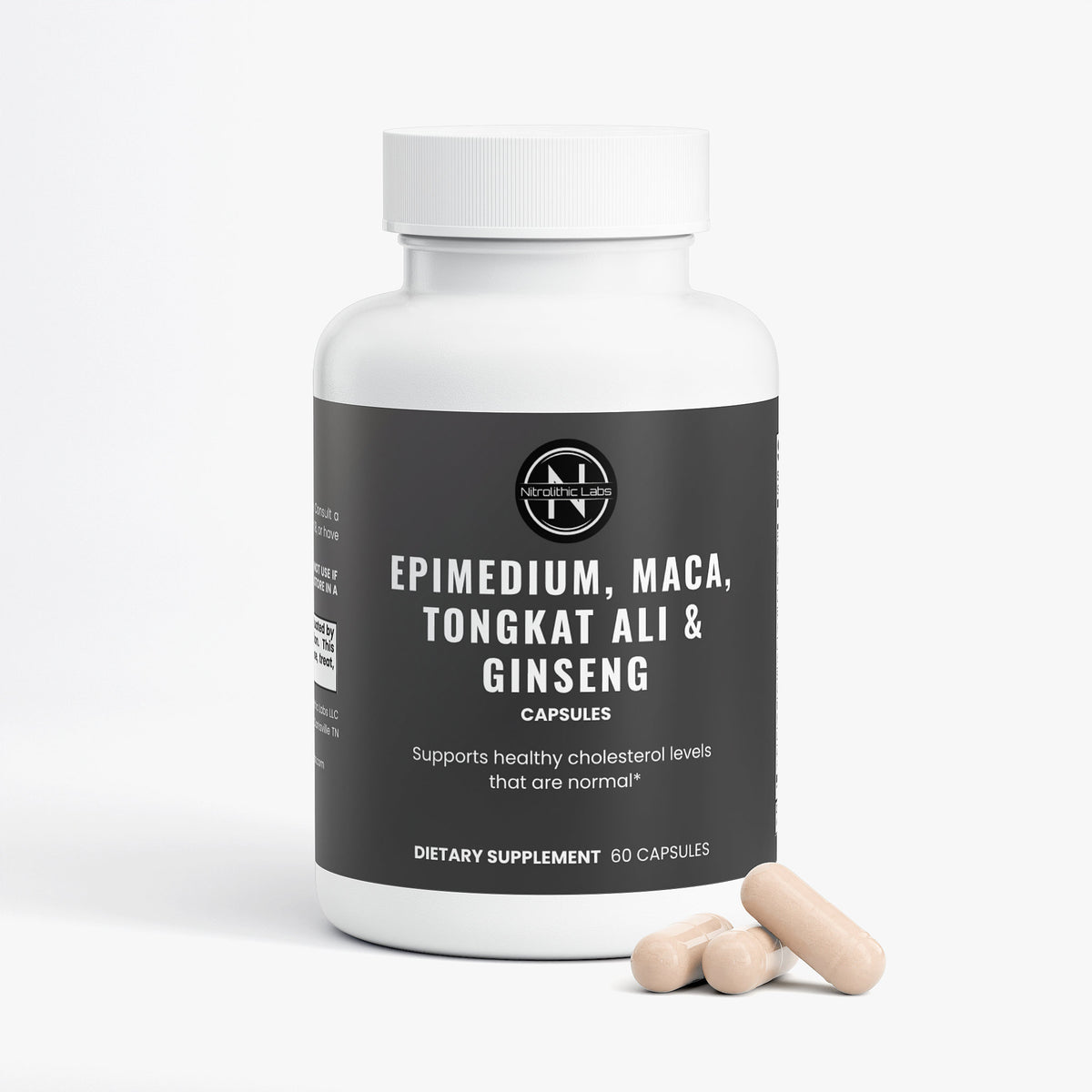 Epimedium, Maca, Tongkat Ali & Ginseng Capsules product package with product serving