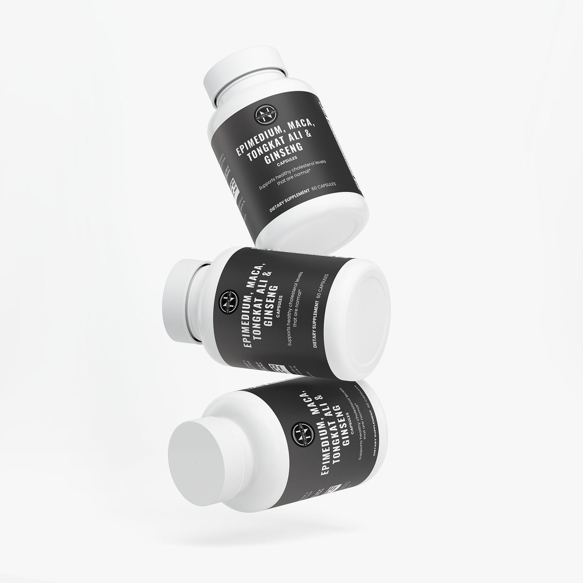 Epimedium, Maca, Tongkat Ali & Ginseng Capsules product package arrangement on white background
