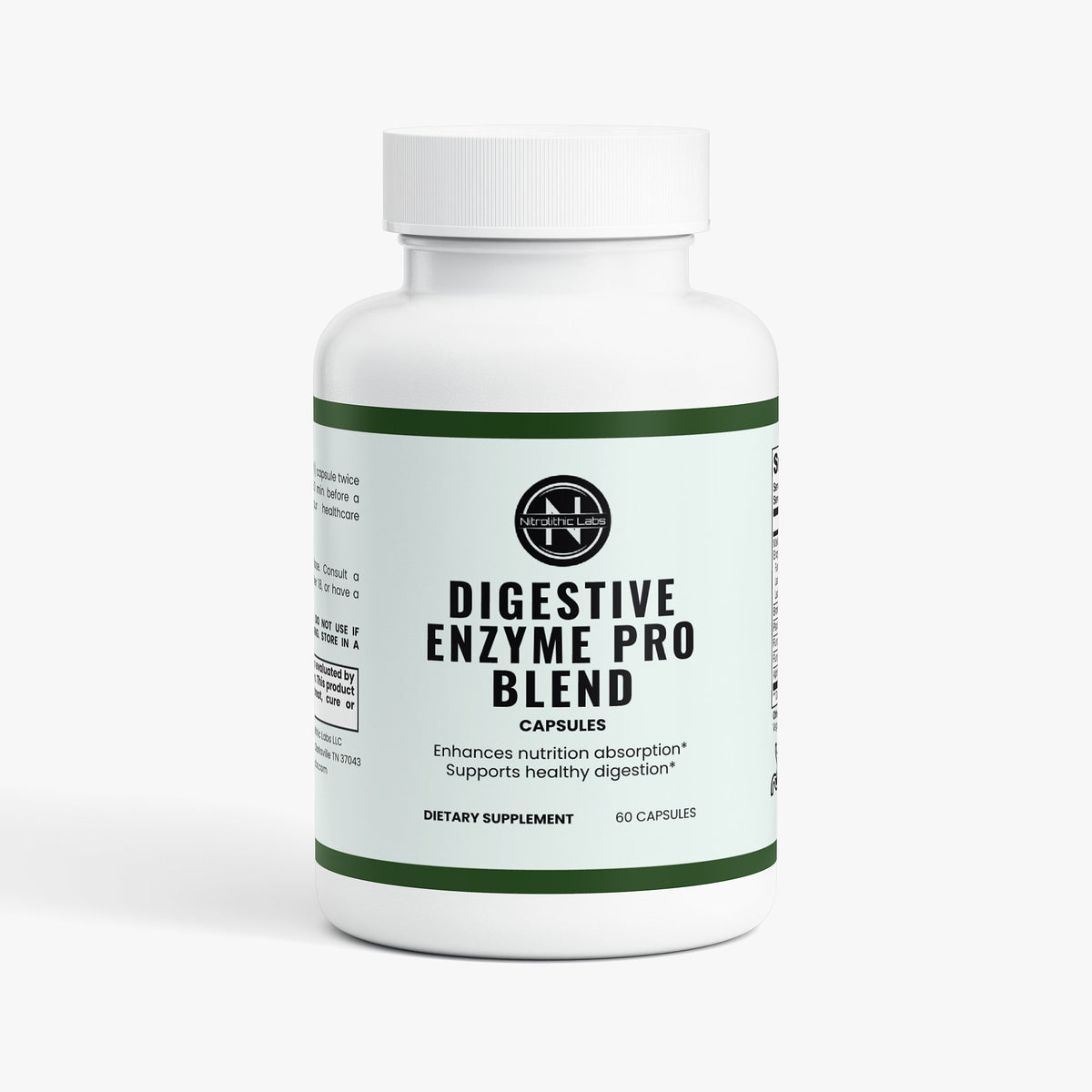 Nitrolithic Labs Digestive Enzyme Pro Blend bottle, front label, 60 capsules