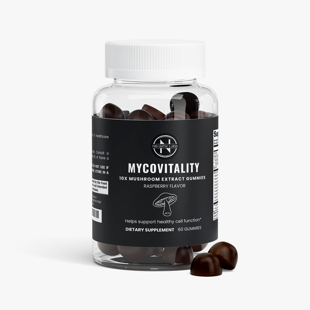 MycoVitality Mind & Body 10X Mushroom Gummies product package with product serving