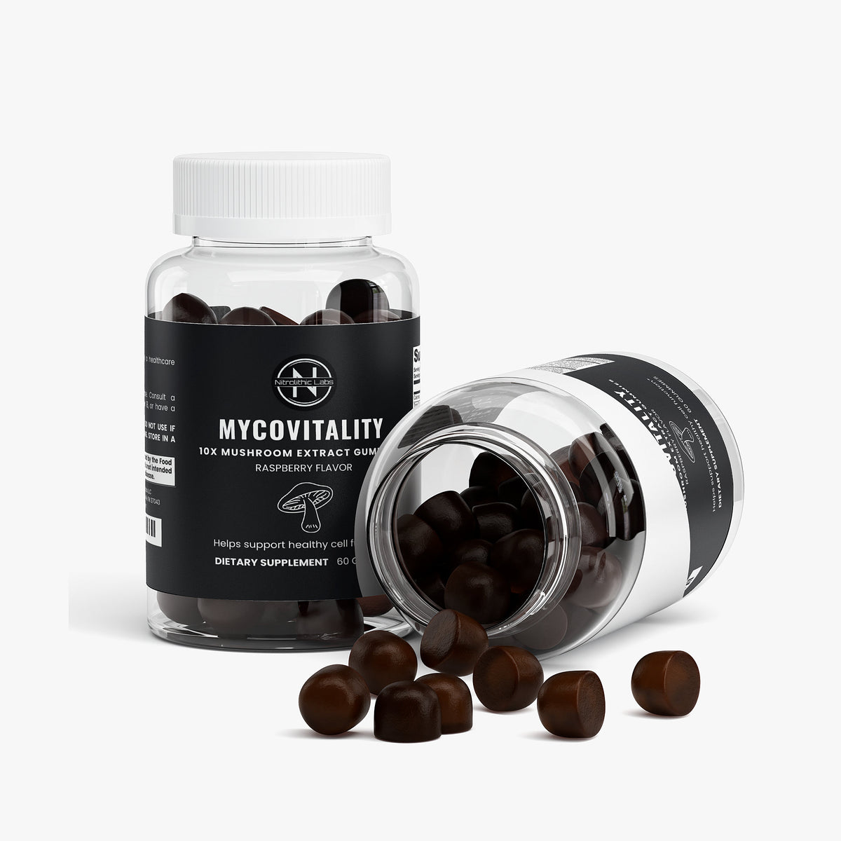 MycoVitality Mind & Body 10X Mushroom Gummies product package with open container and product serving
