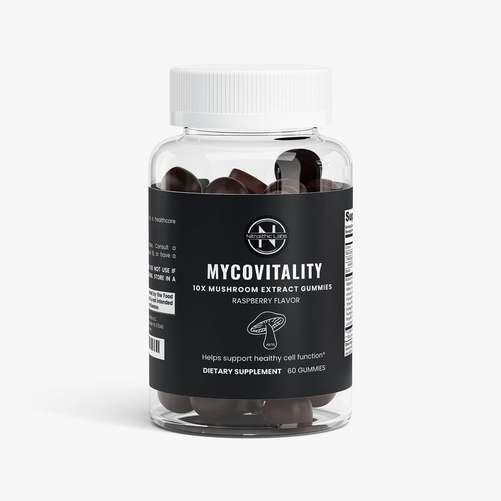 MycoVitality Mind & Body 10X Mushroom Gummies product package front label