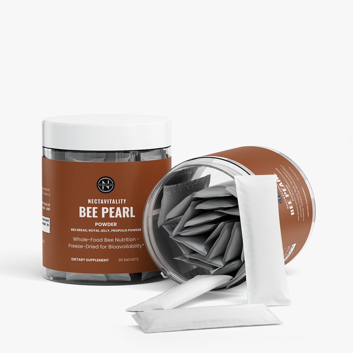 NectaVitality Bee Pearl Powder product package with open container and product serving