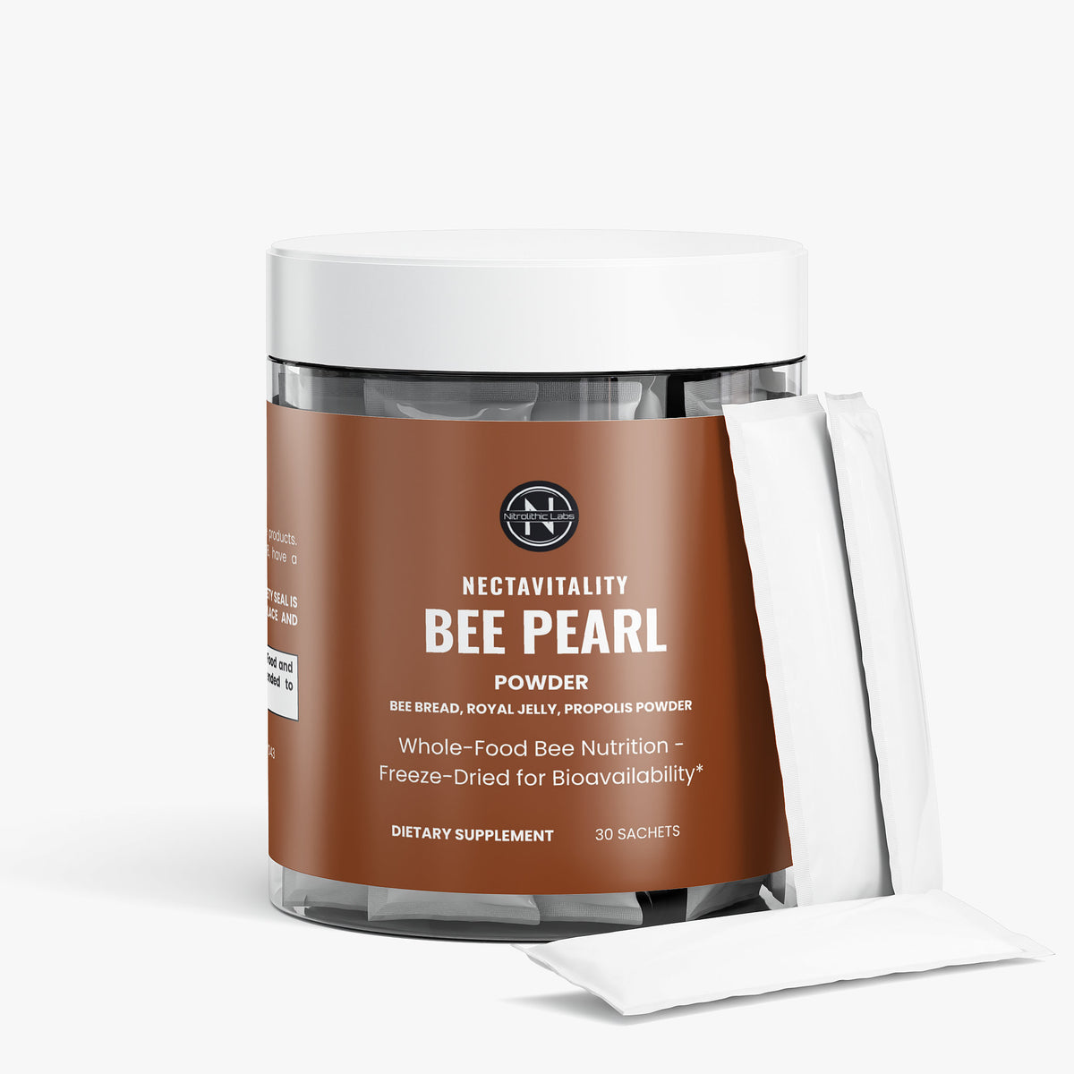 NectaVitality Bee Pearl Powder product package with product serving