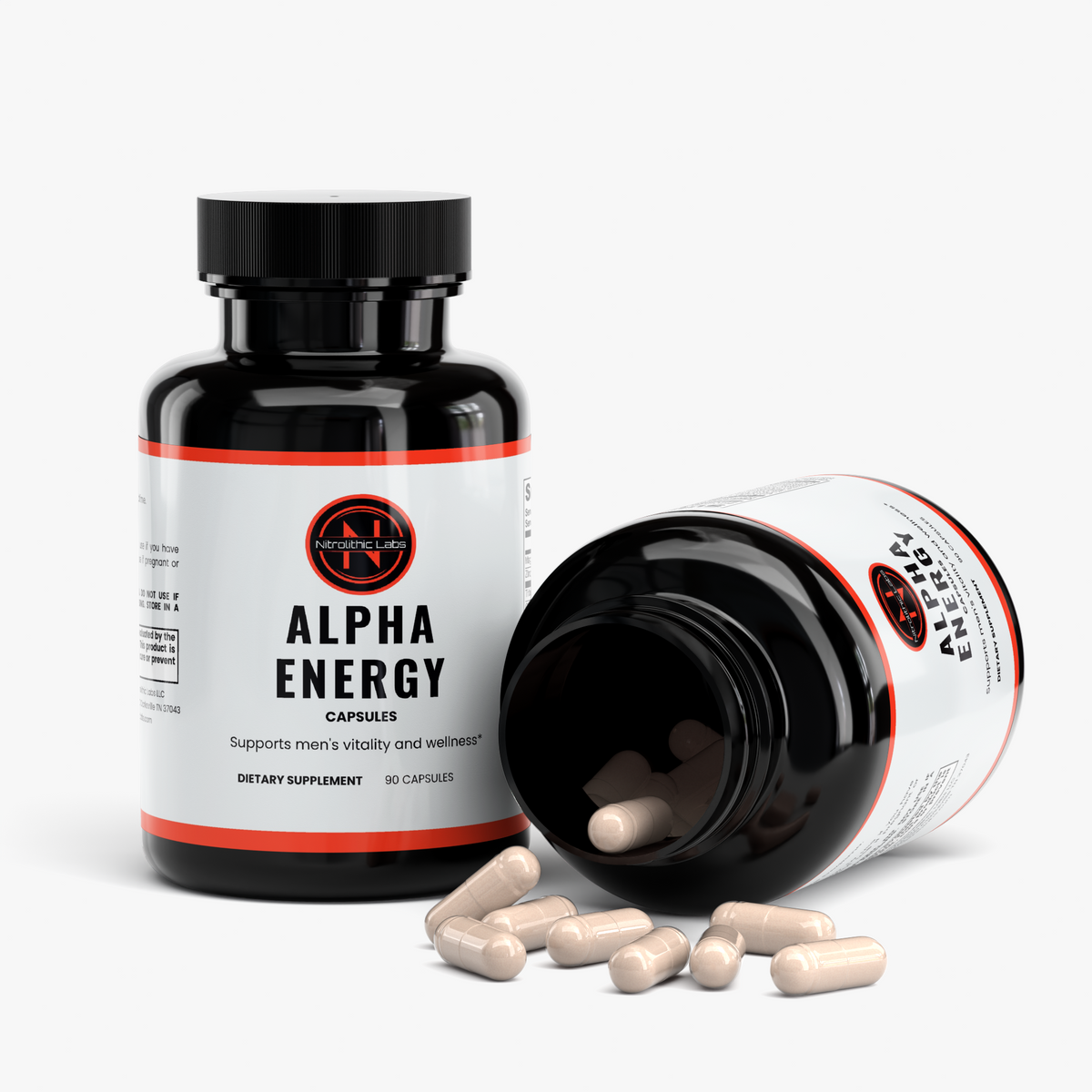 Alpha Energy product package with open container and product serving