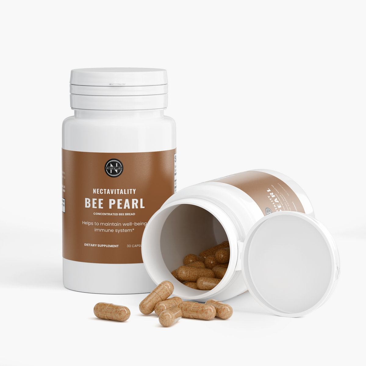 NectaVitality Bee Pearl - Capsules bottle with open container and capsules