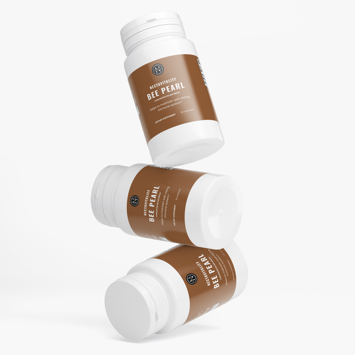 Three NectaVitality Bee Pearl - Capsules bottles stacked on white background