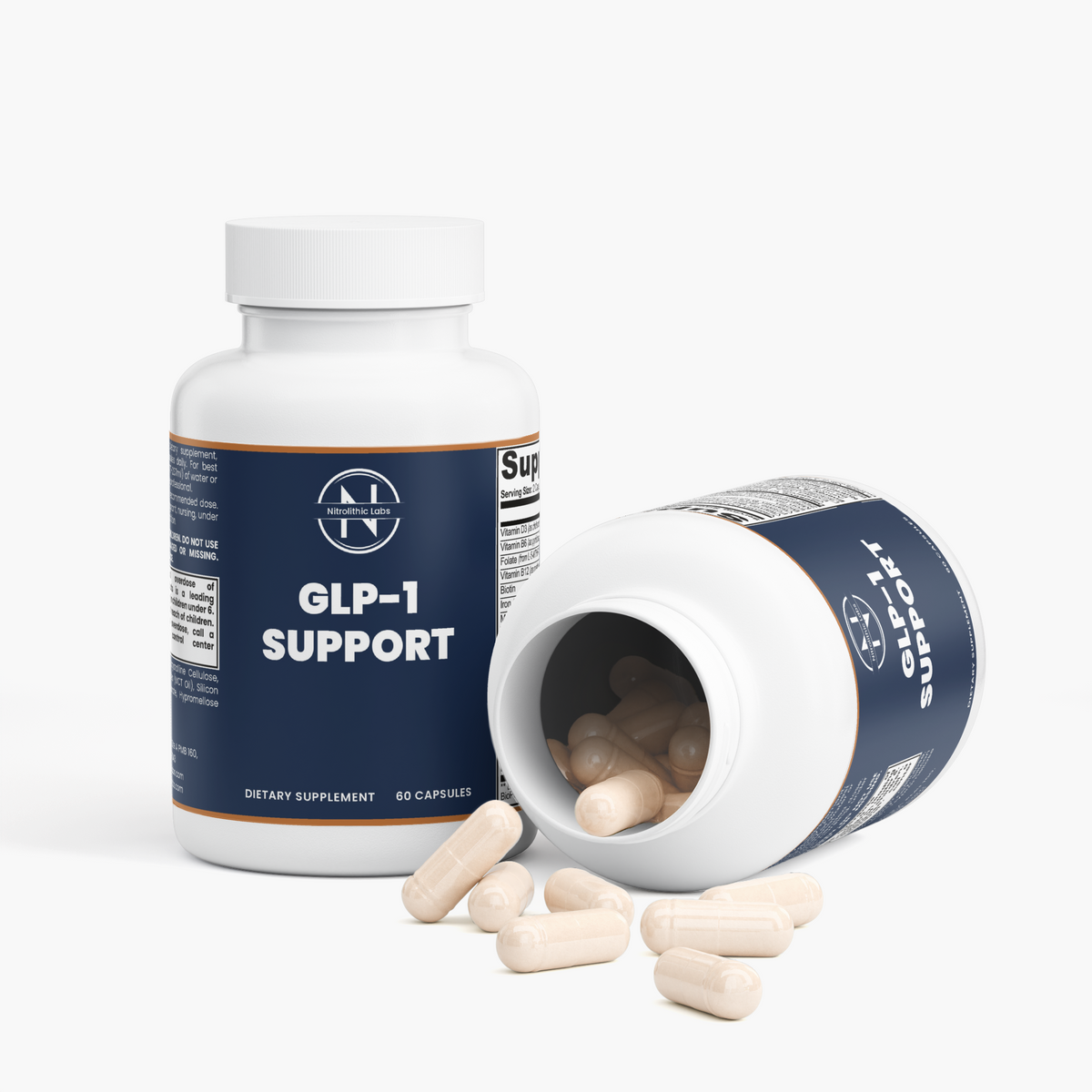 GLP-1 Support bottle with open container and capsules